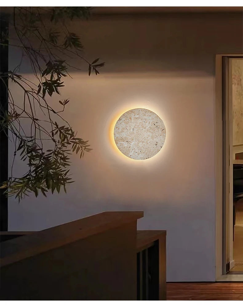 Natural Yellow Stone LED Wall Sconce – Nordic Wabi-Sabi Travertine Effect Light