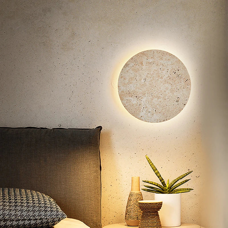 Natural Yellow Stone LED Wall Sconce – Nordic Wabi-Sabi Travertine Effect Light