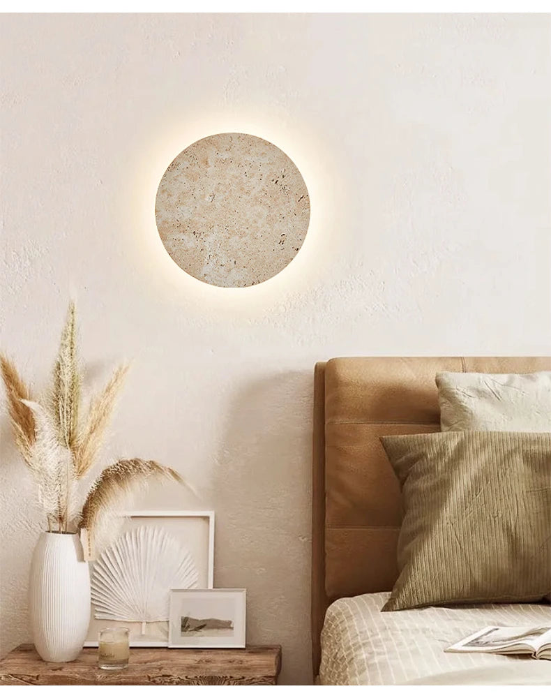 Natural Yellow Stone LED Wall Sconce – Nordic Wabi-Sabi Travertine Effect Light