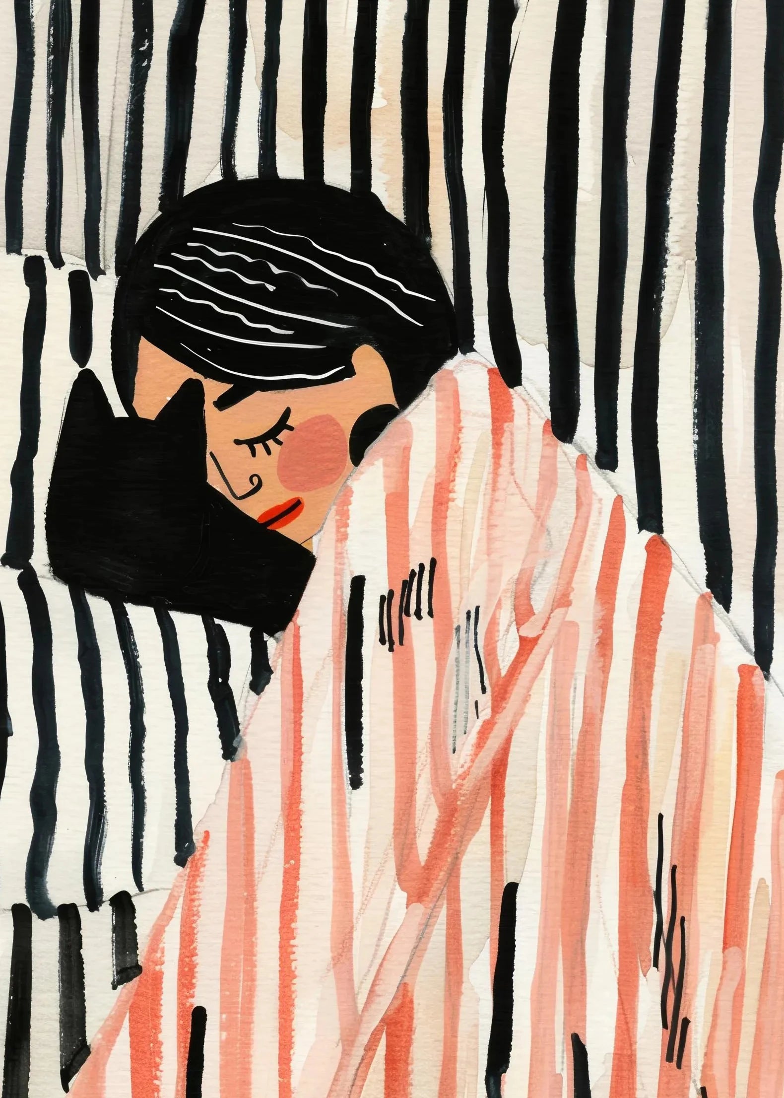 Minimalist Woman & Black Cat Line Art Print – Modern Black & White Wall Decor