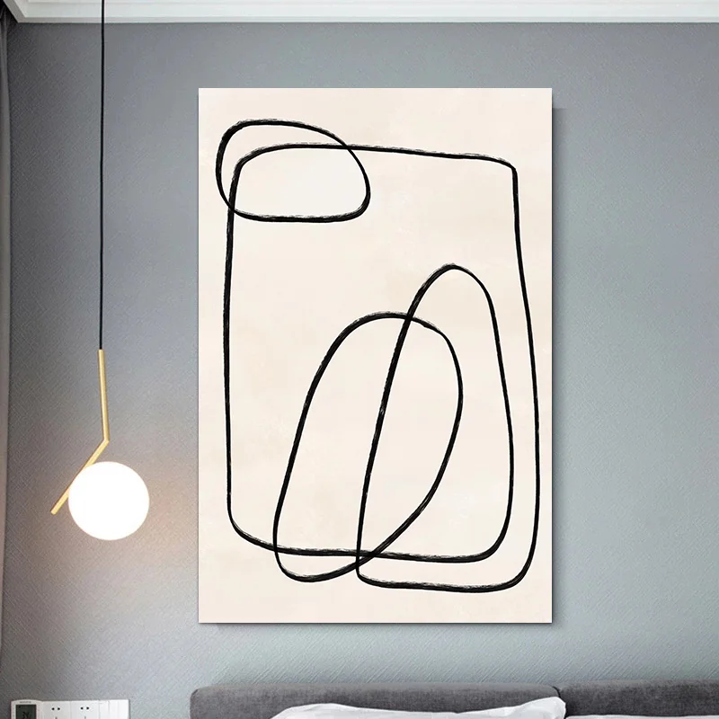 Minimalist Abstract Brush Stroke Wall Art – Black & Beige Mid-Century Print