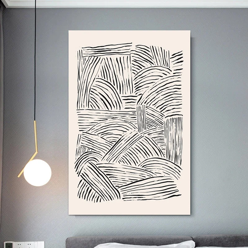 Minimalist Abstract Brush Stroke Wall Art – Black & Beige Mid-Century Print