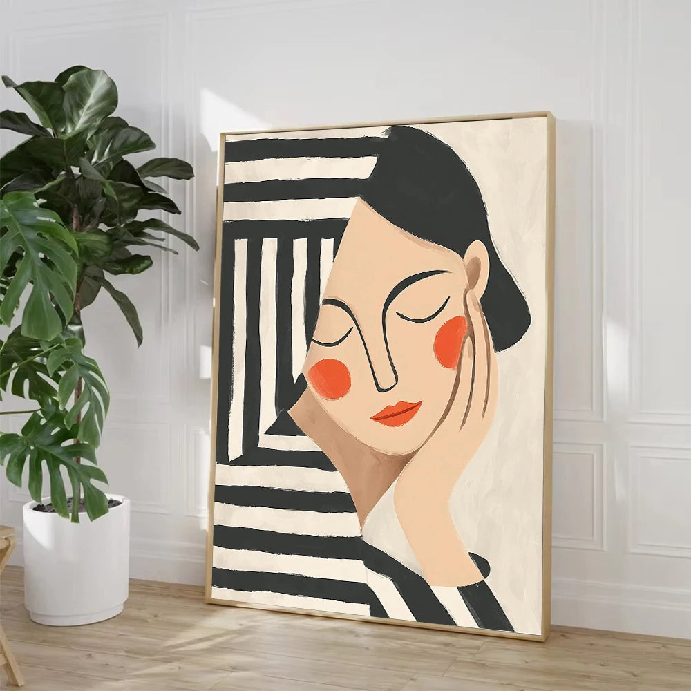 Minimalist Woman & Black Cat Line Art Print – Modern Black & White Wall Decor