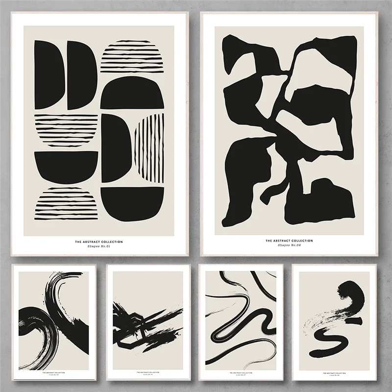 Minimalist Abstract Brush Stroke Wall Art – Black & Beige Mid-Century Print