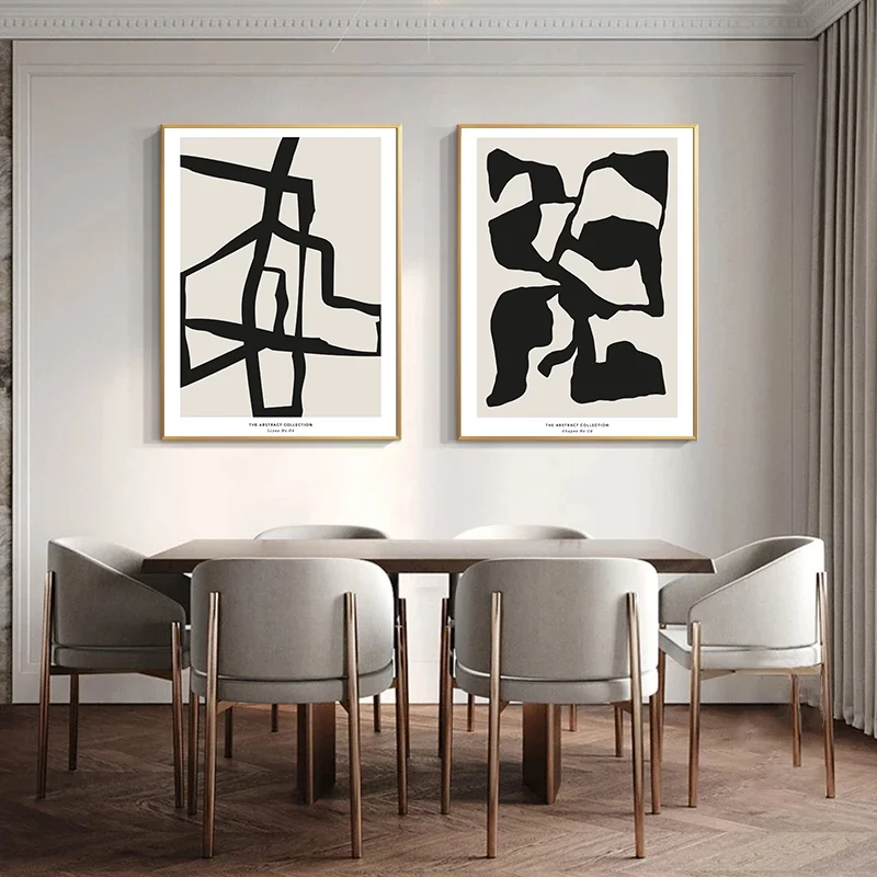 Minimalist Abstract Brush Stroke Wall Art – Black & Beige Mid-Century Print